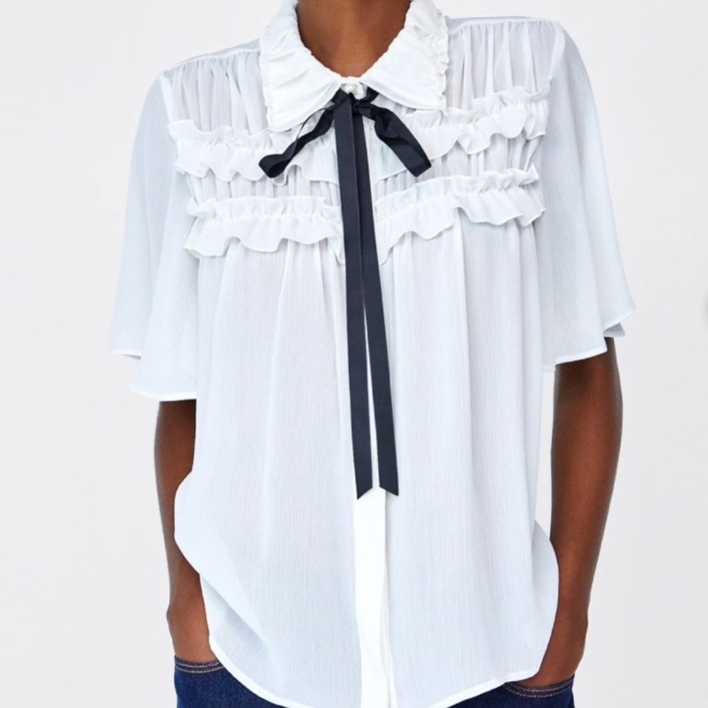 Zara ruffled blouse with tie neck and pearl detail